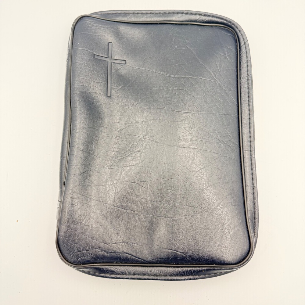 Bible Cover Navy Blue Leather  Embossed Cross Zip Around Case 11x8 Large